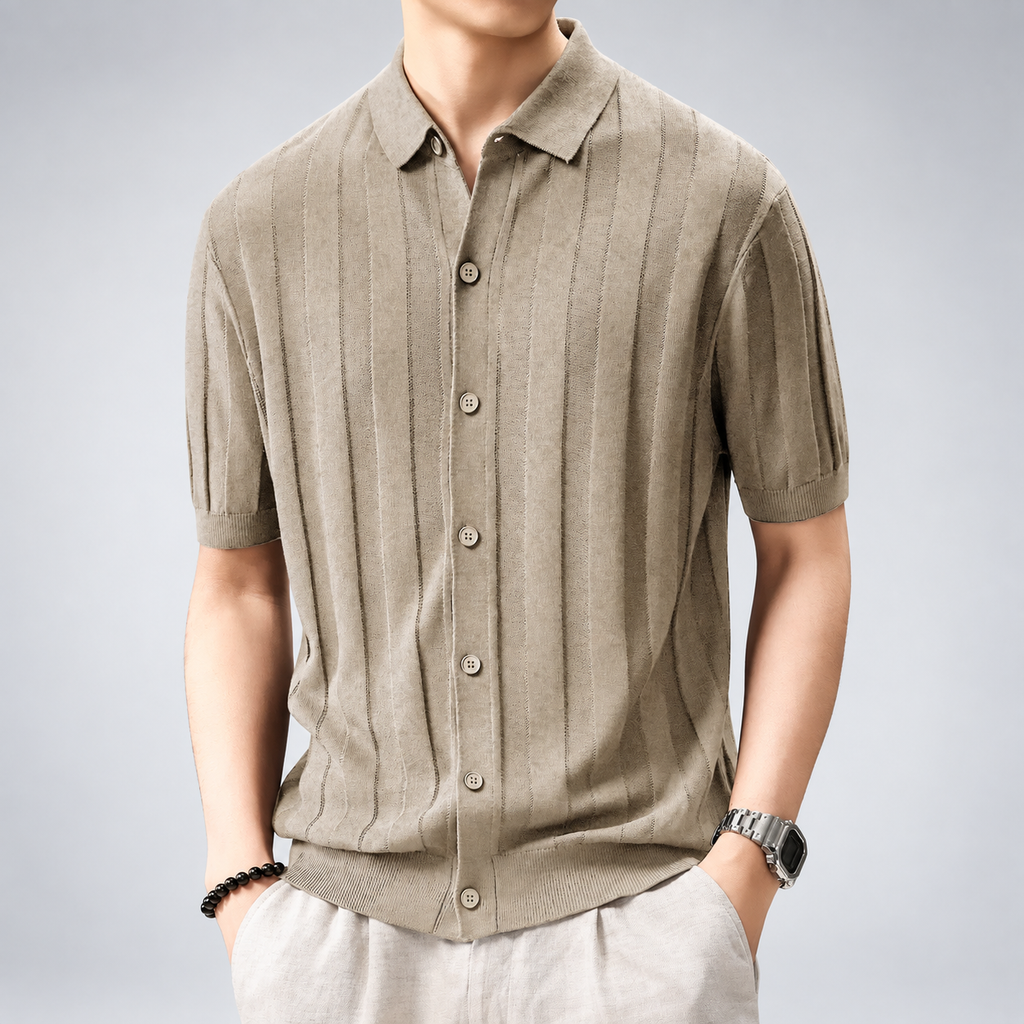 Dean Men's Textured Knit Polo Shirt with Full Button Front