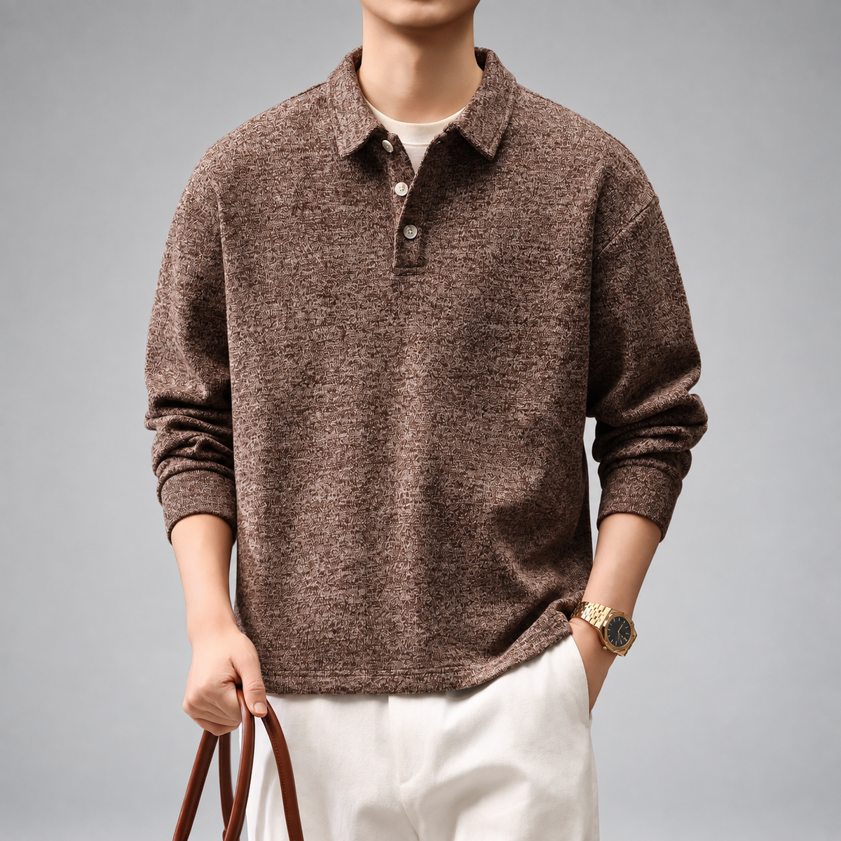 Carter Men's Relaxed Fit Textured Long Sleeve Polo Shirt