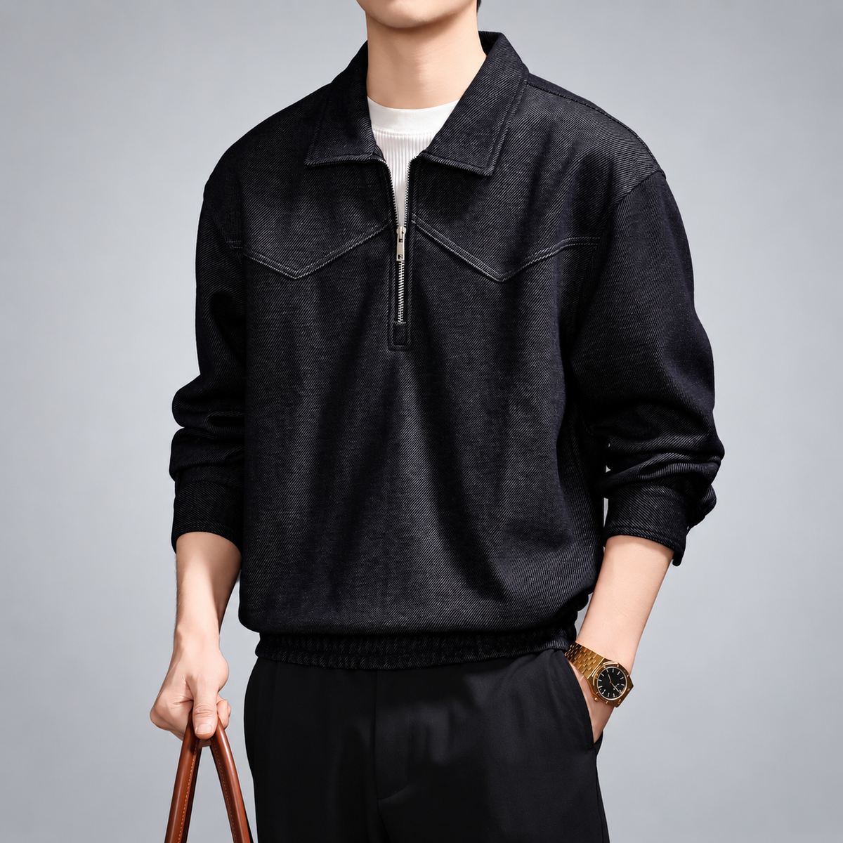 Quentin Men's Textured Quarter-Zip Pullover with Point Collar