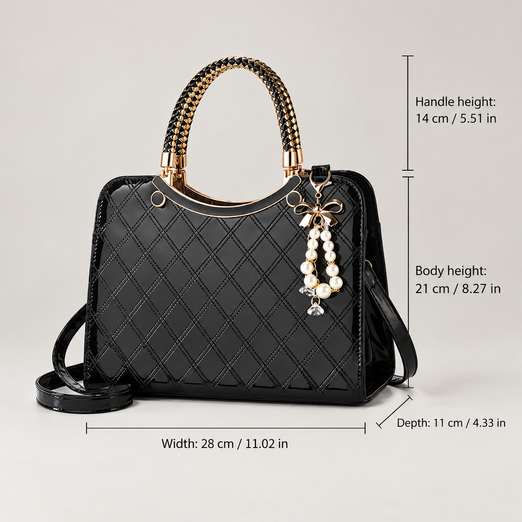 Cordelia Women’s Glossy Diamond-Stitched Handbag with Pearl Bow Charm