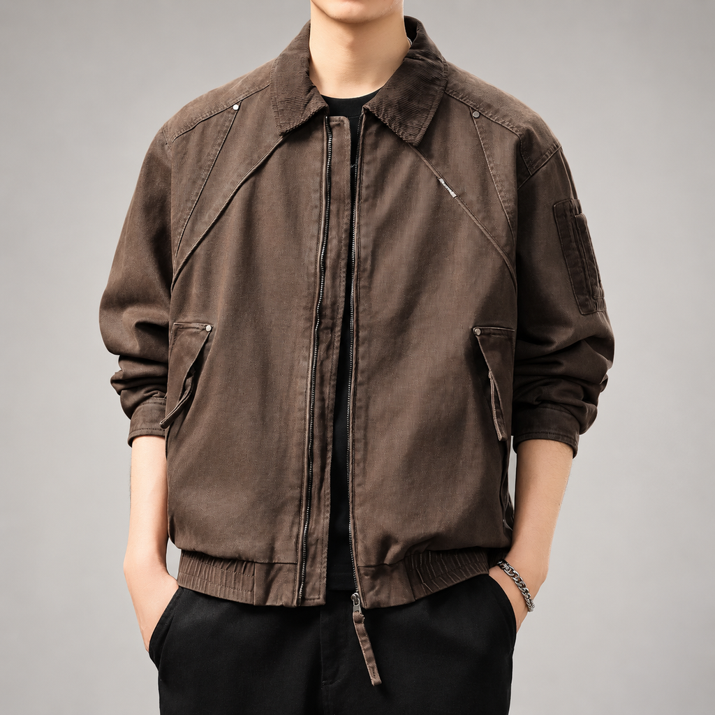 Amedeo Men's Washed Bomber Jacket with Corduroy Collar