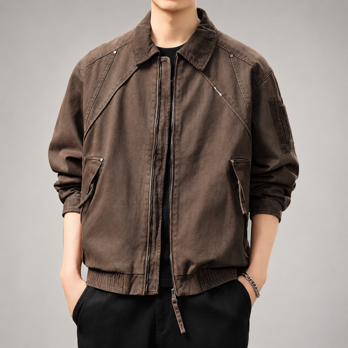 Amedeo Men's Washed Bomber Jacket with Corduroy Collar