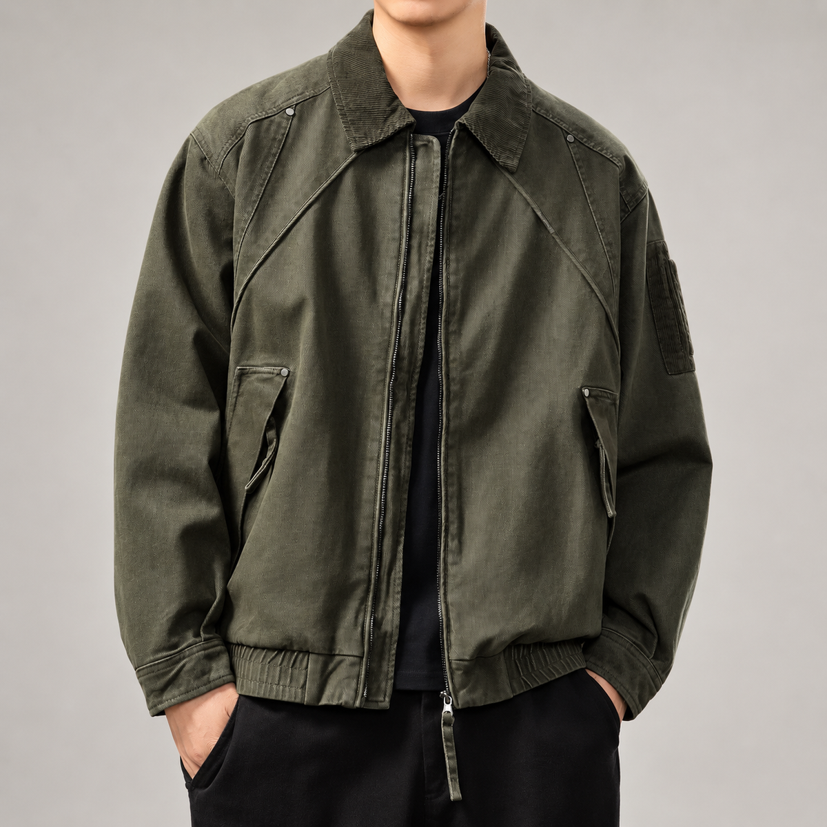 Amedeo Men's Washed Bomber Jacket with Corduroy Collar