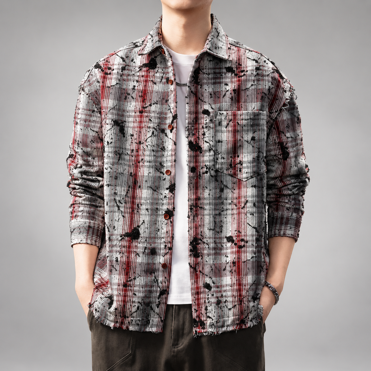 Fulbert Men’s Relaxed-Fit Plaid Shirt with Frayed Details