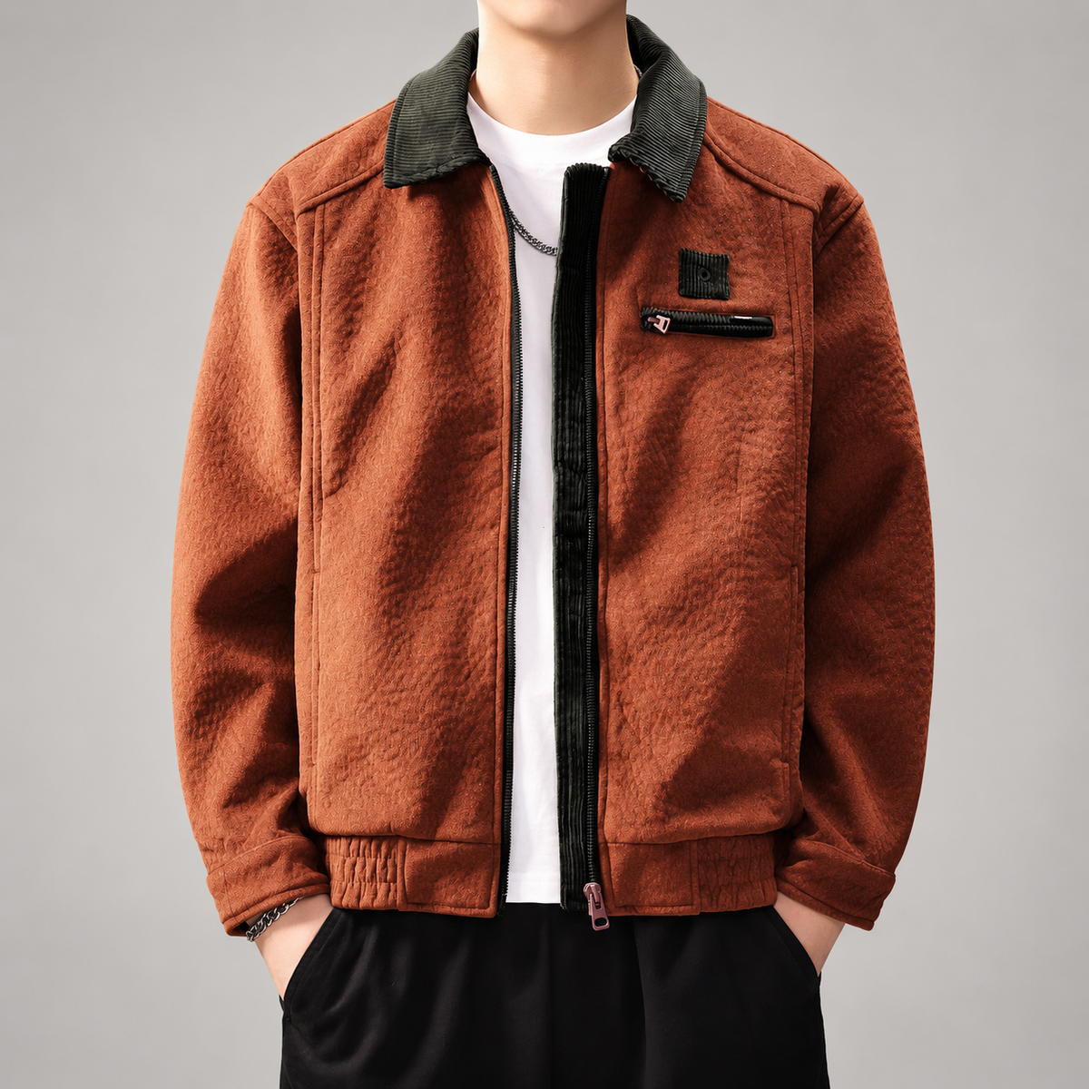 Tiberio Men's Textured Bomber Jacket with Contrast Collar