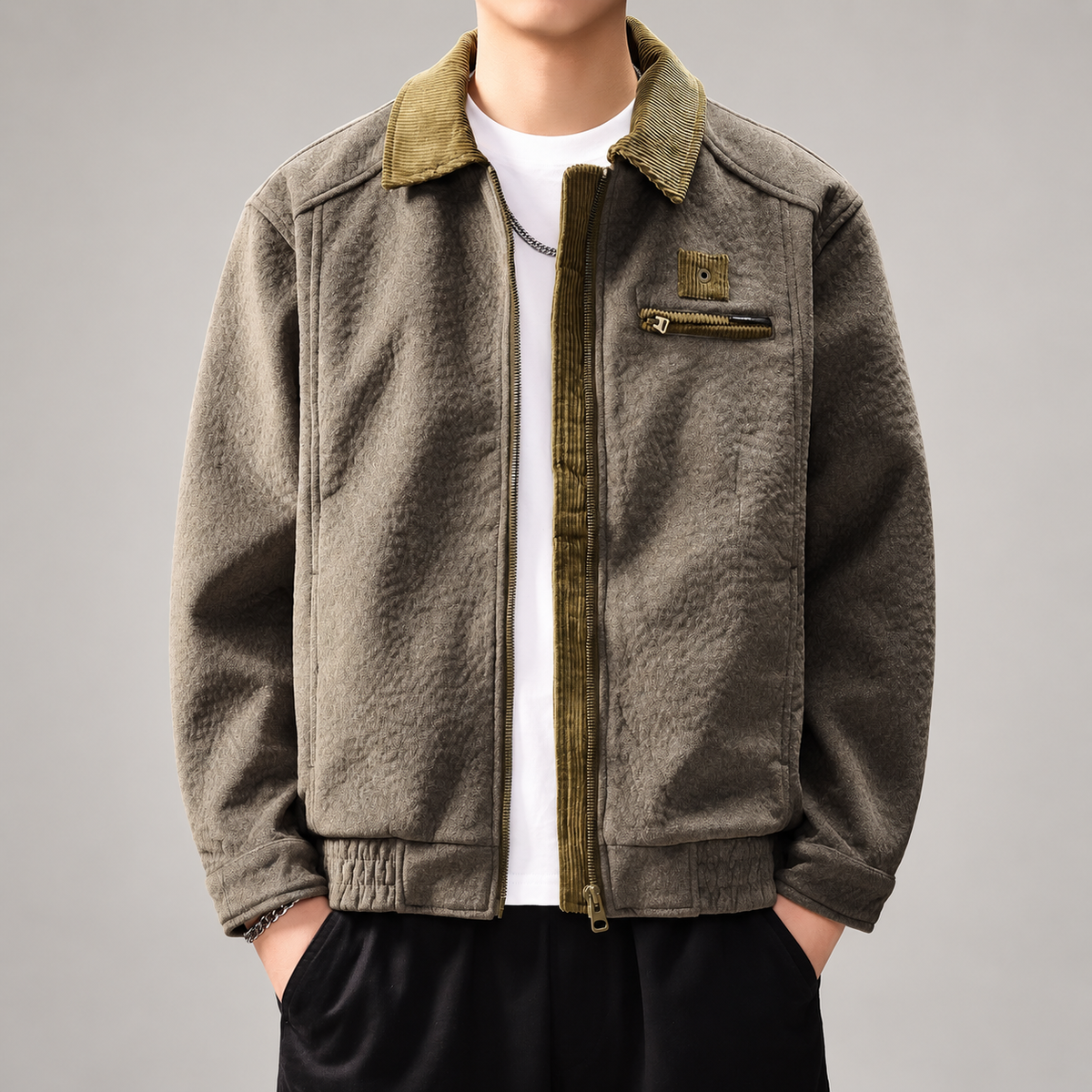 Tiberio Men's Textured Bomber Jacket with Contrast Collar