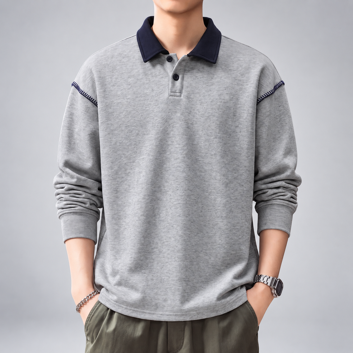 Russell Men's Relaxed Polo Sweatshirt with Contrast Shoulder Stitching