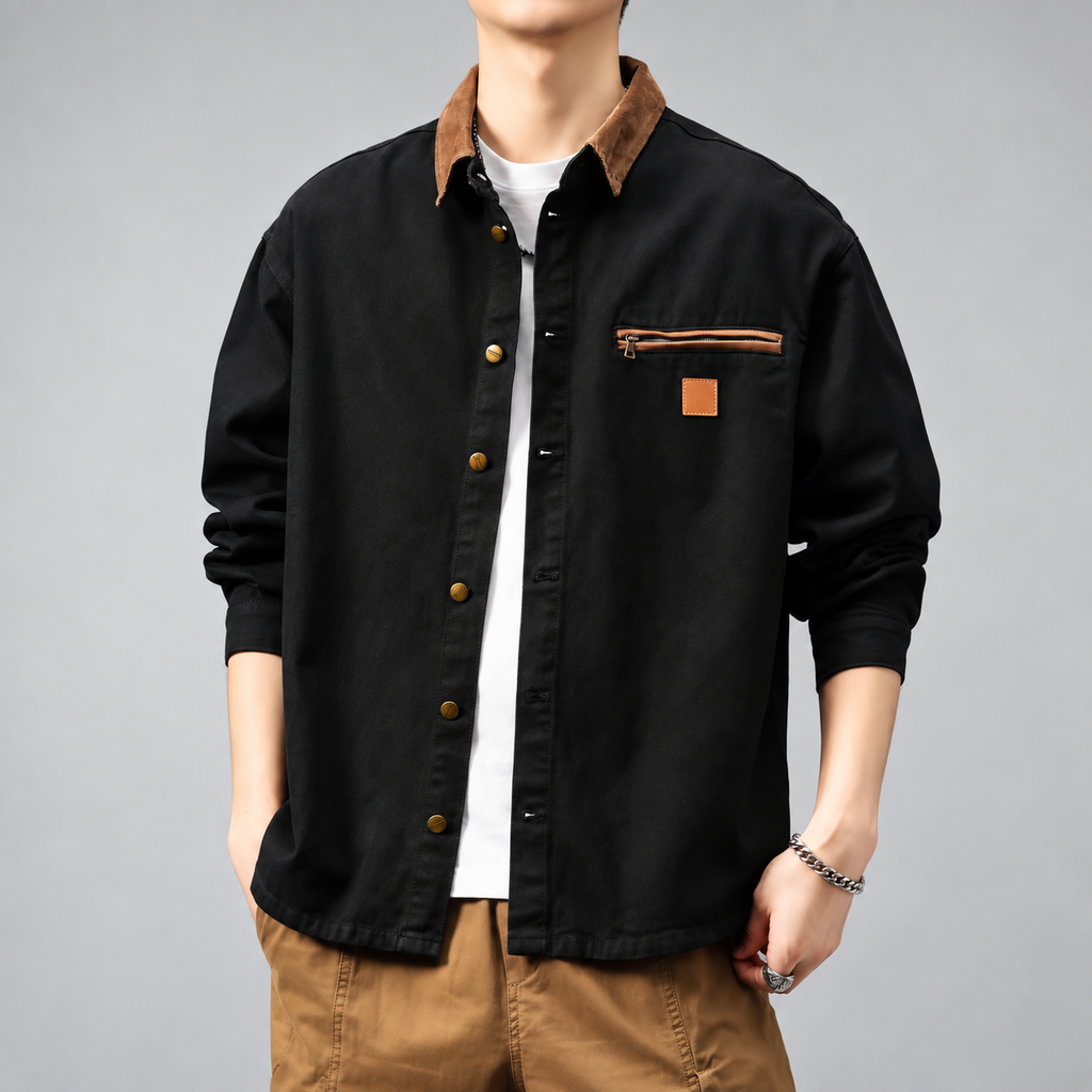 Richard Men's Contrast Collar Overshirt with Zipper Chest Pocket
