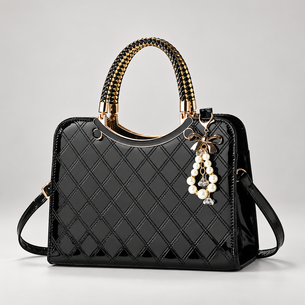 Cordelia Women’s Glossy Diamond-Stitched Handbag with Pearl Bow Charm