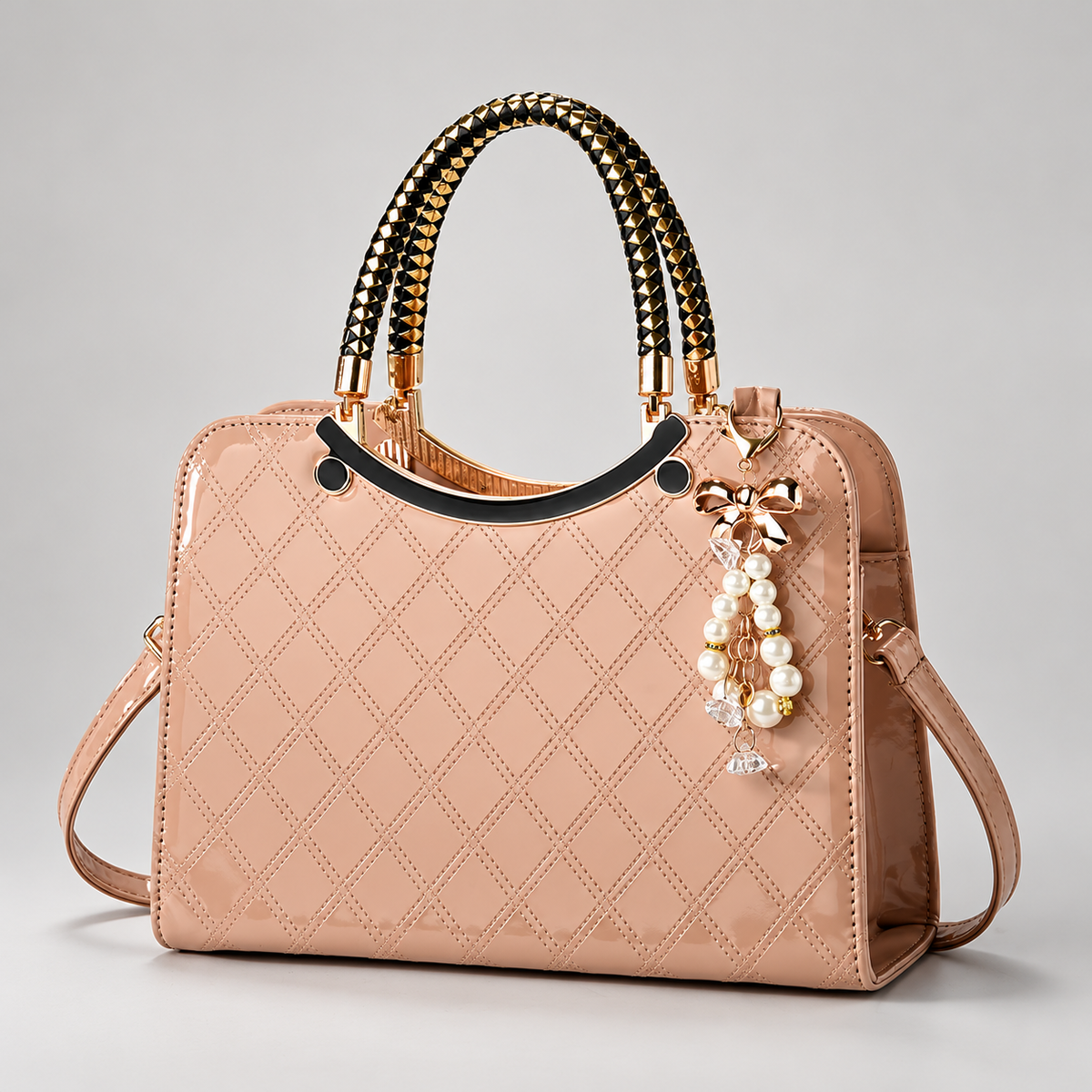 Cordelia Women’s Glossy Diamond-Stitched Handbag with Pearl Bow Charm