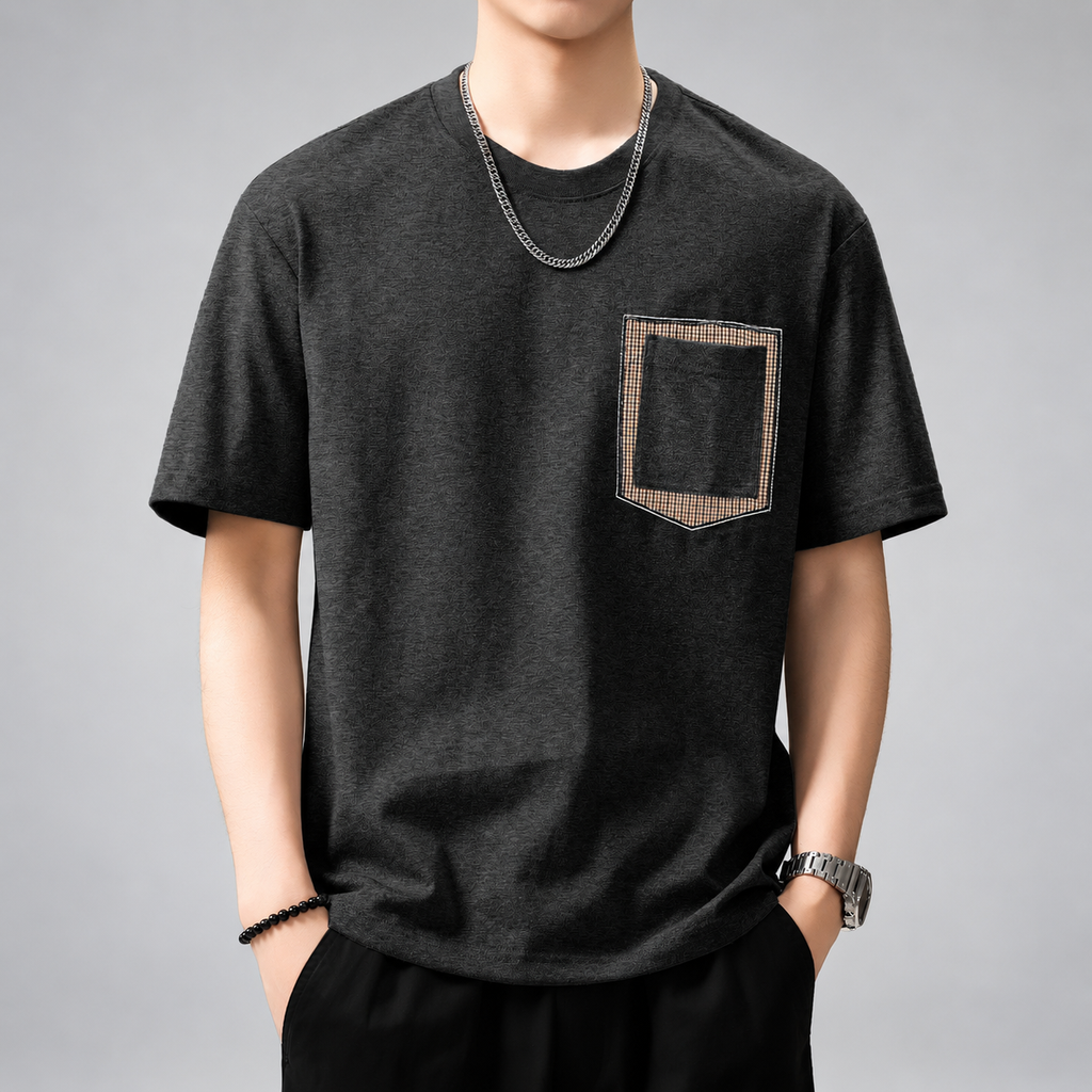 Lucien Men's Heathered Crewneck T-Shirt with Contrast Plaid Pocket