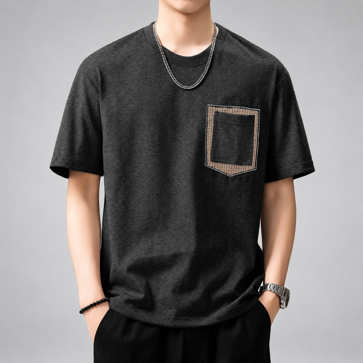 Lucien Men's Heathered Crewneck T-Shirt with Contrast Plaid Pocket