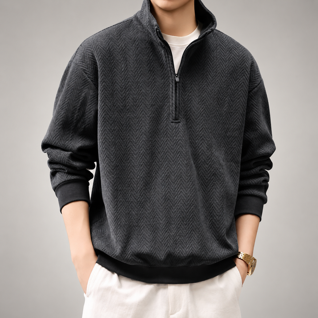 Urban Men’s Herringbone Quarter-Zip Pullover with Stand Collar