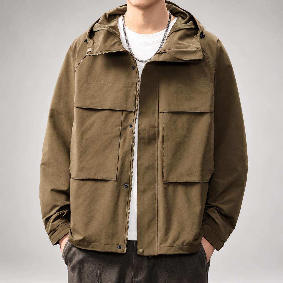 Alonzo Men’s Hooded Utility Jacket with Large Flap Pockets