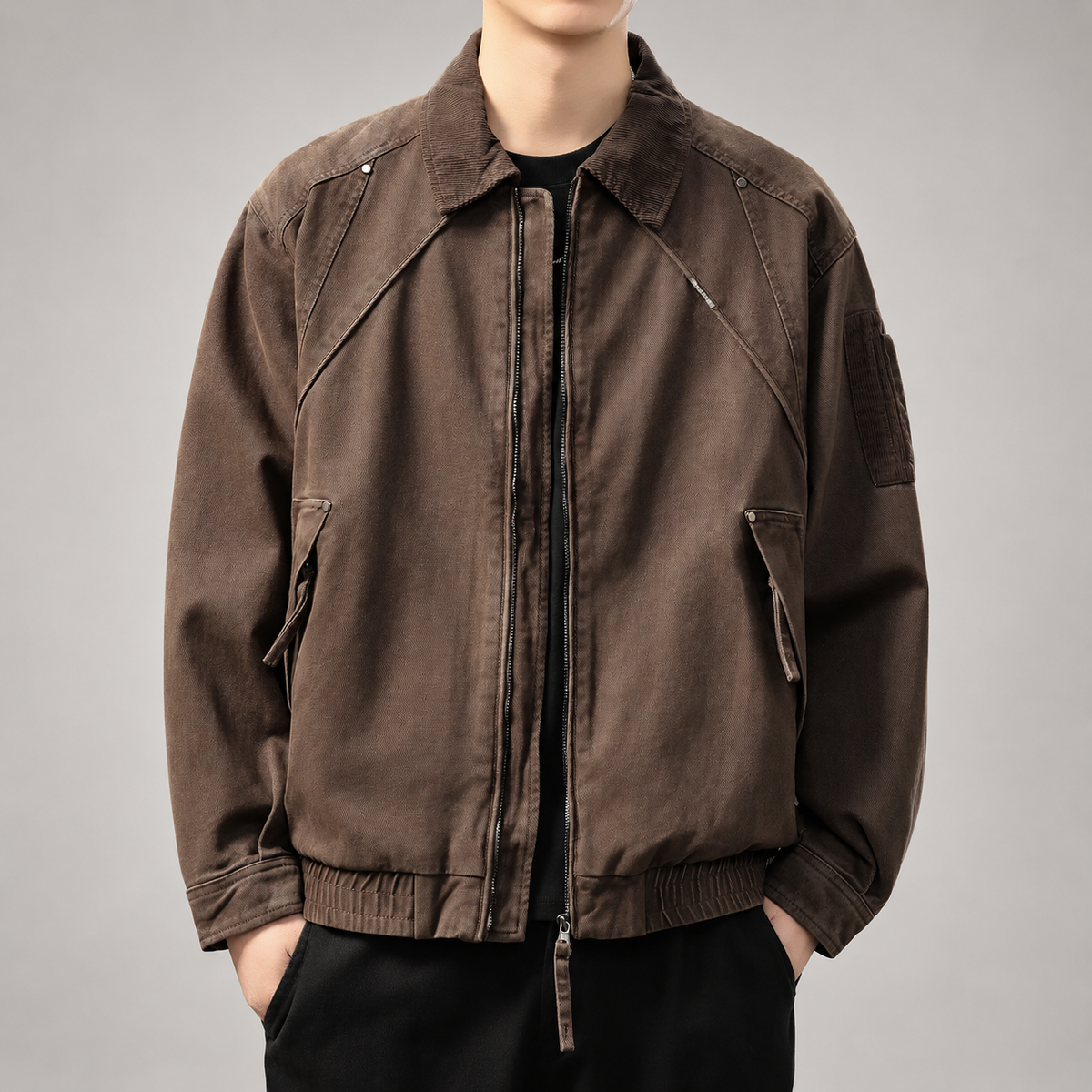 Amedeo Men's Washed Bomber Jacket with Corduroy Collar