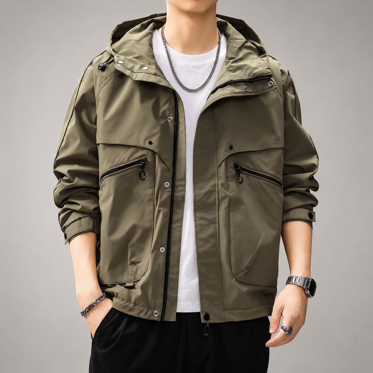 Jacob Men's Zip-Front Hooded Jacket with Snap Closures