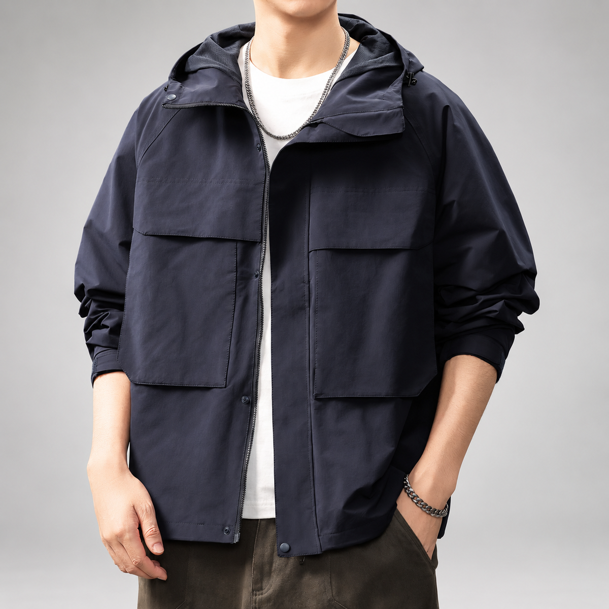 Alonzo Men’s Hooded Utility Jacket with Large Flap Pockets