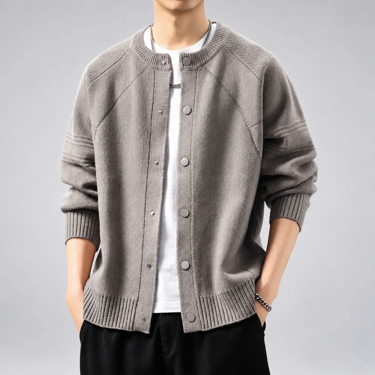 Anselmo Men's Snap-Front Knit Cardigan with Raglan Sleeves