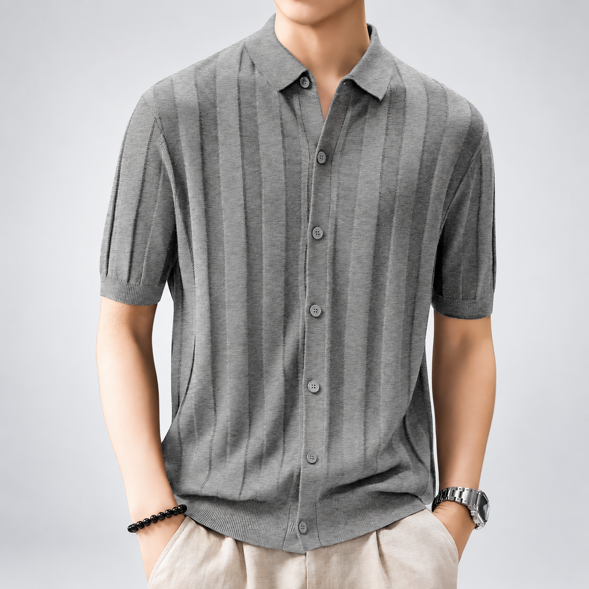 Dean Men's Textured Knit Polo Shirt with Full Button Front