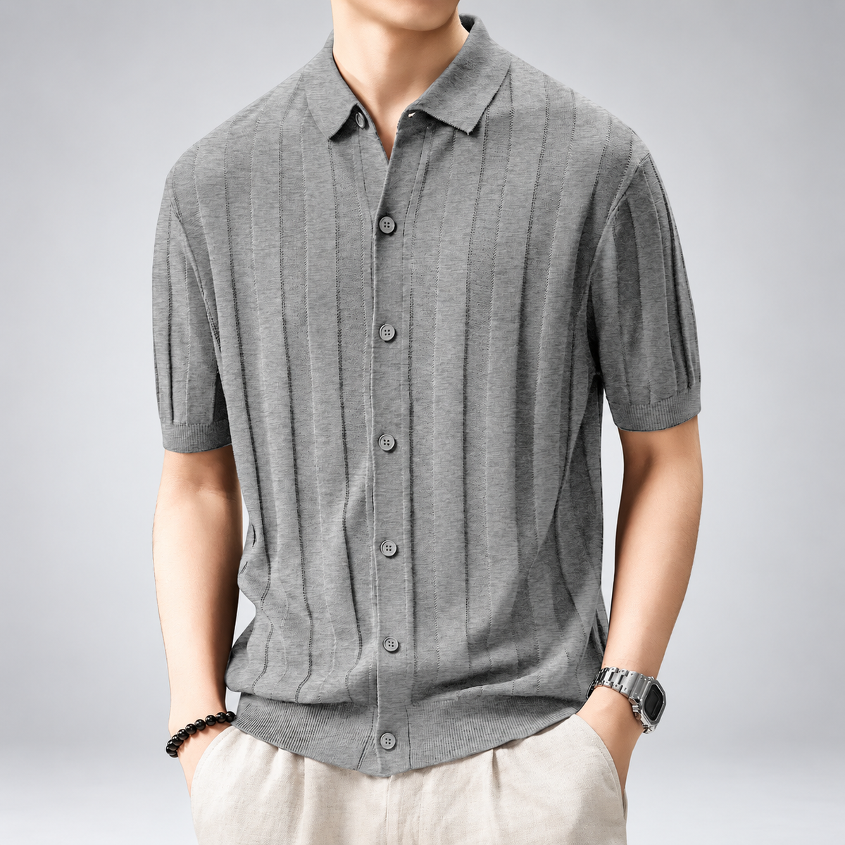Dean Men's Textured Knit Polo Shirt with Full Button Front