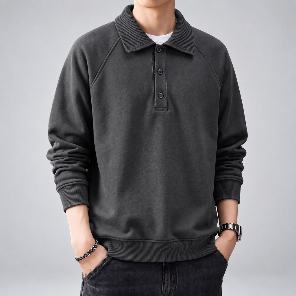 Gavin Men's Long Sleeve Polo Sweatshirt with Ribbed Knit Collar