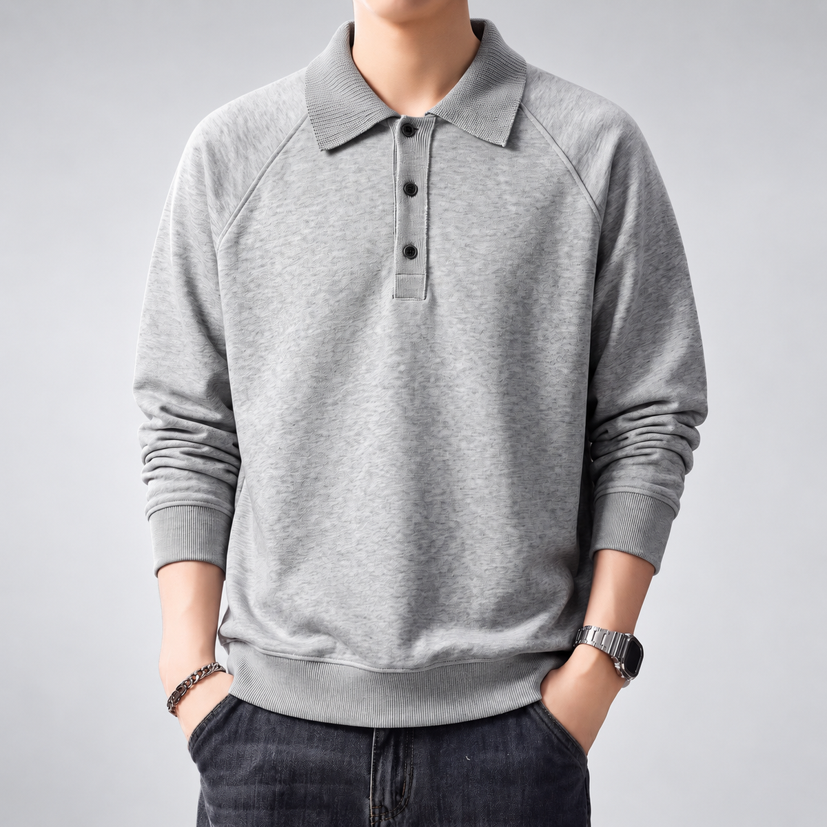 Gavin Men's Long Sleeve Polo Sweatshirt with Ribbed Knit Collar