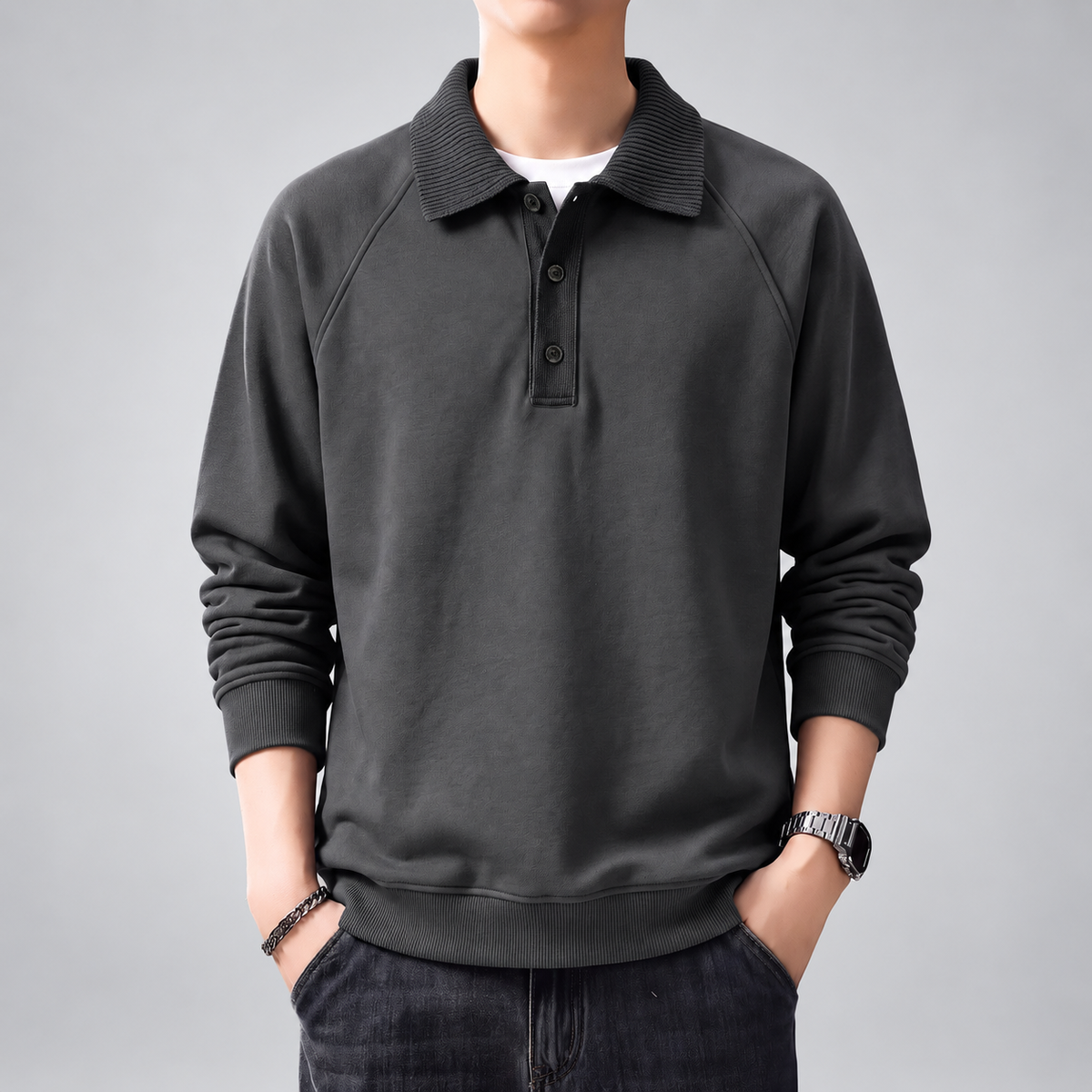 Gavin Men's Long Sleeve Polo Sweatshirt with Ribbed Knit Collar