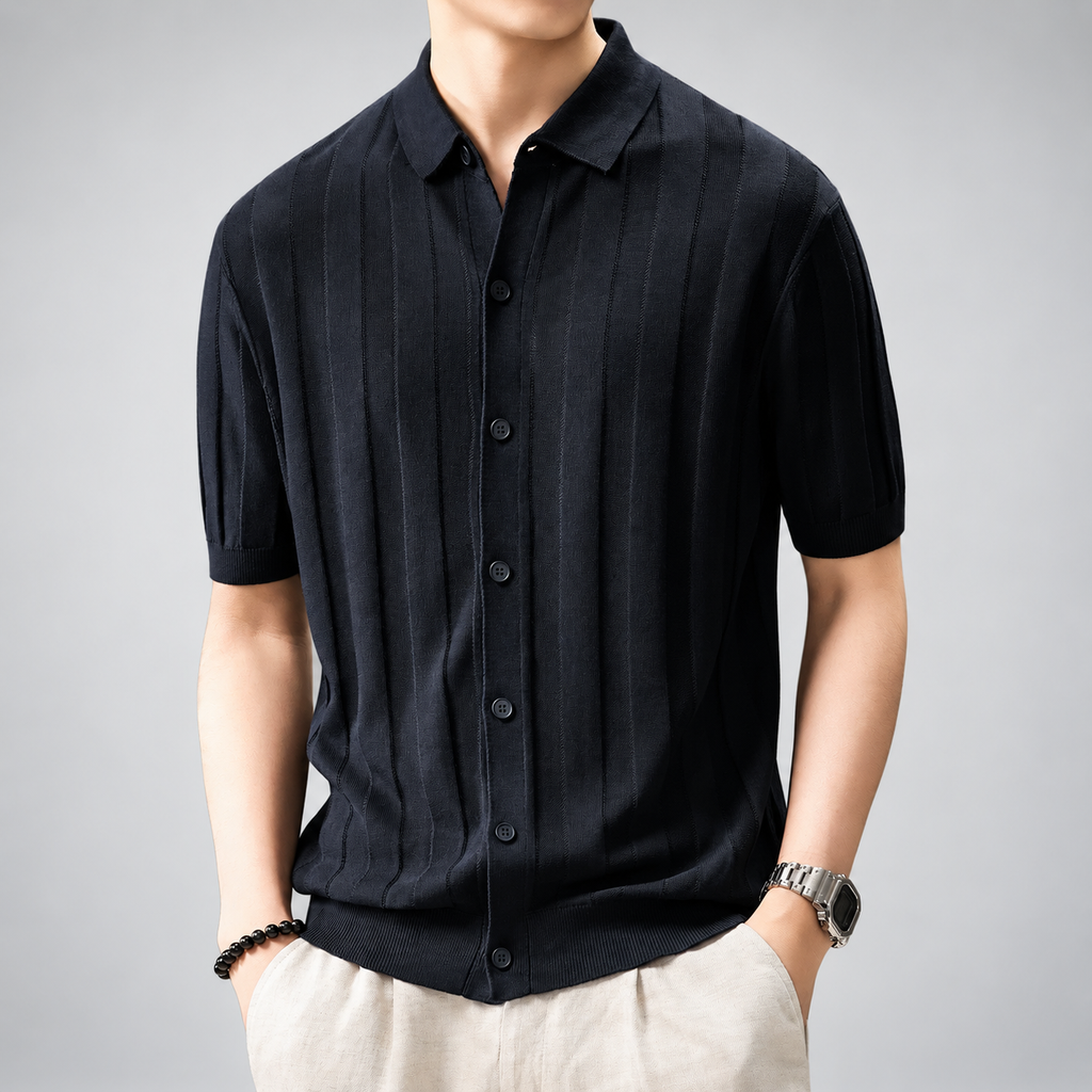Dean Men's Textured Knit Polo Shirt with Full Button Front