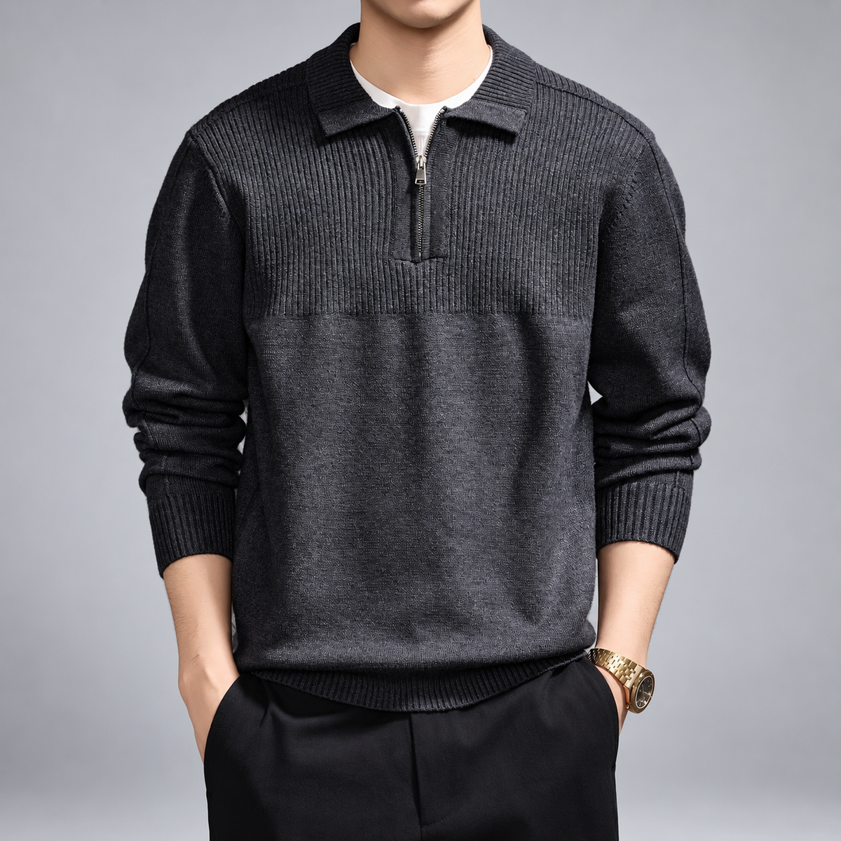 Reed Men's Collared Knit Pullover Sweater with Quarter Zip