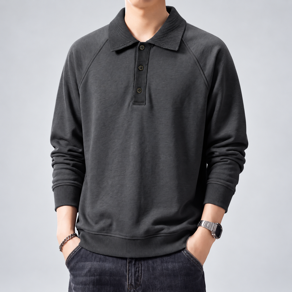Gavin Men's Long Sleeve Polo Sweatshirt with Ribbed Knit Collar