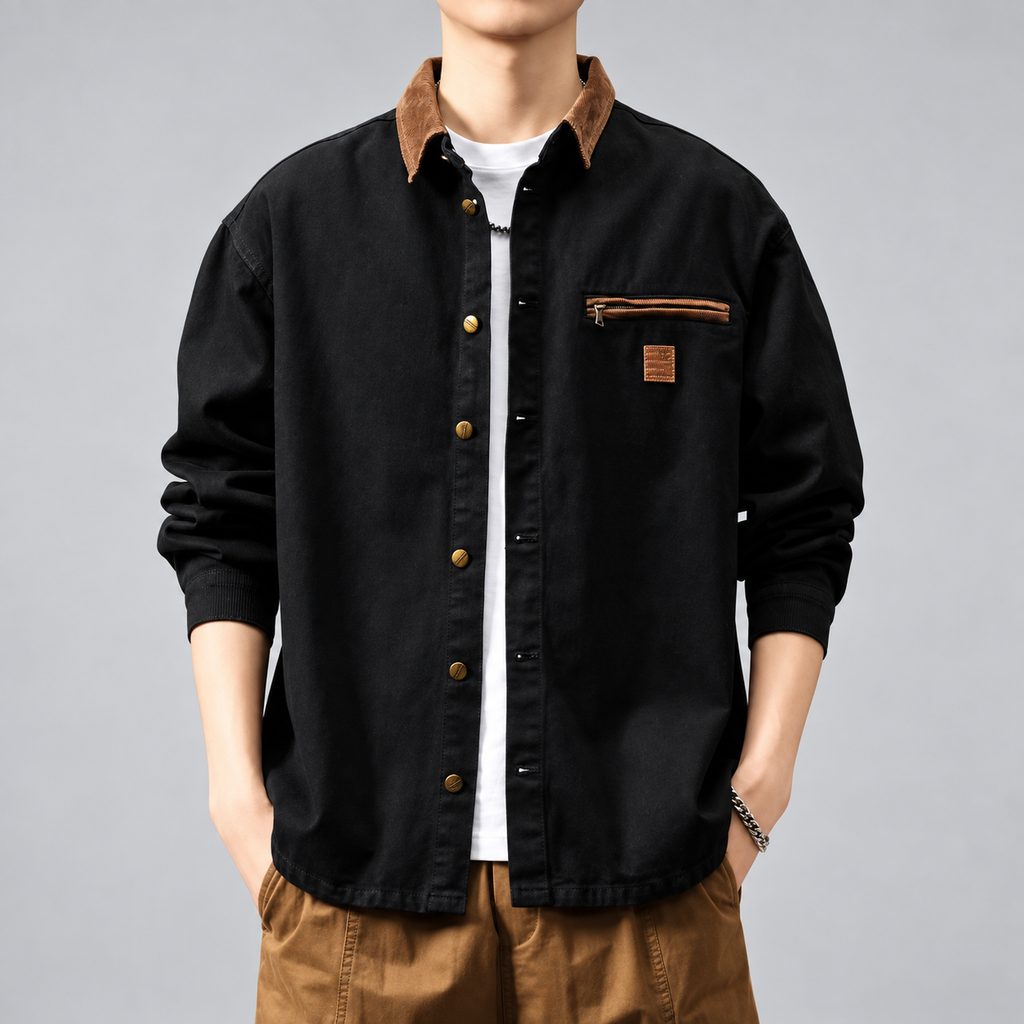 Richard Men's Contrast Collar Overshirt with Zipper Chest Pocket