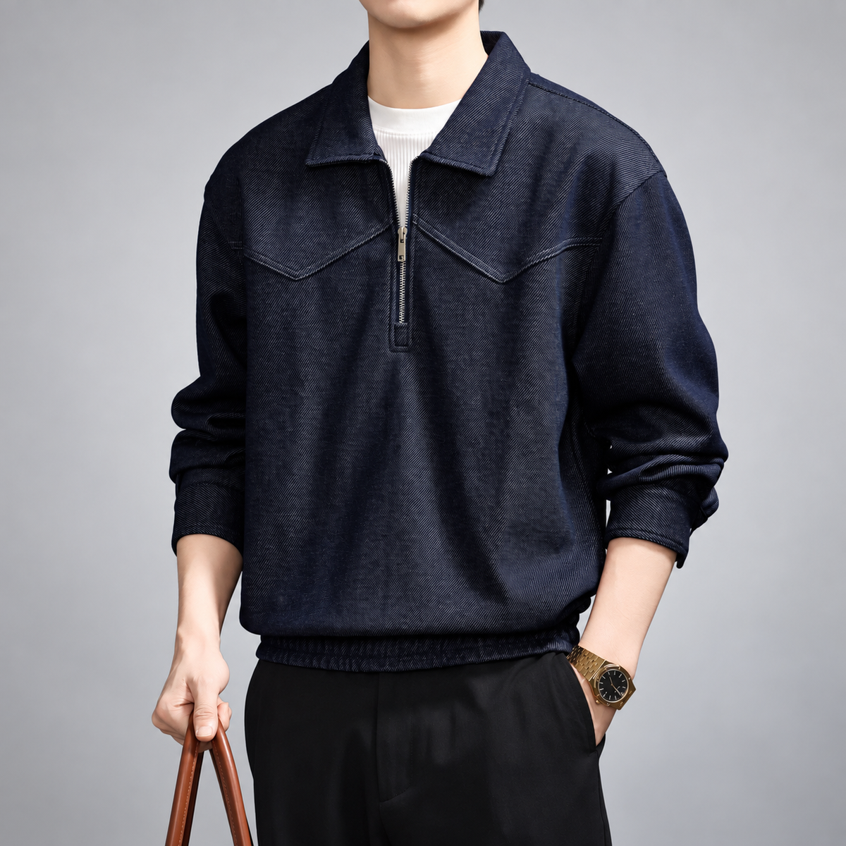 Quentin Men's Textured Quarter-Zip Pullover with Point Collar