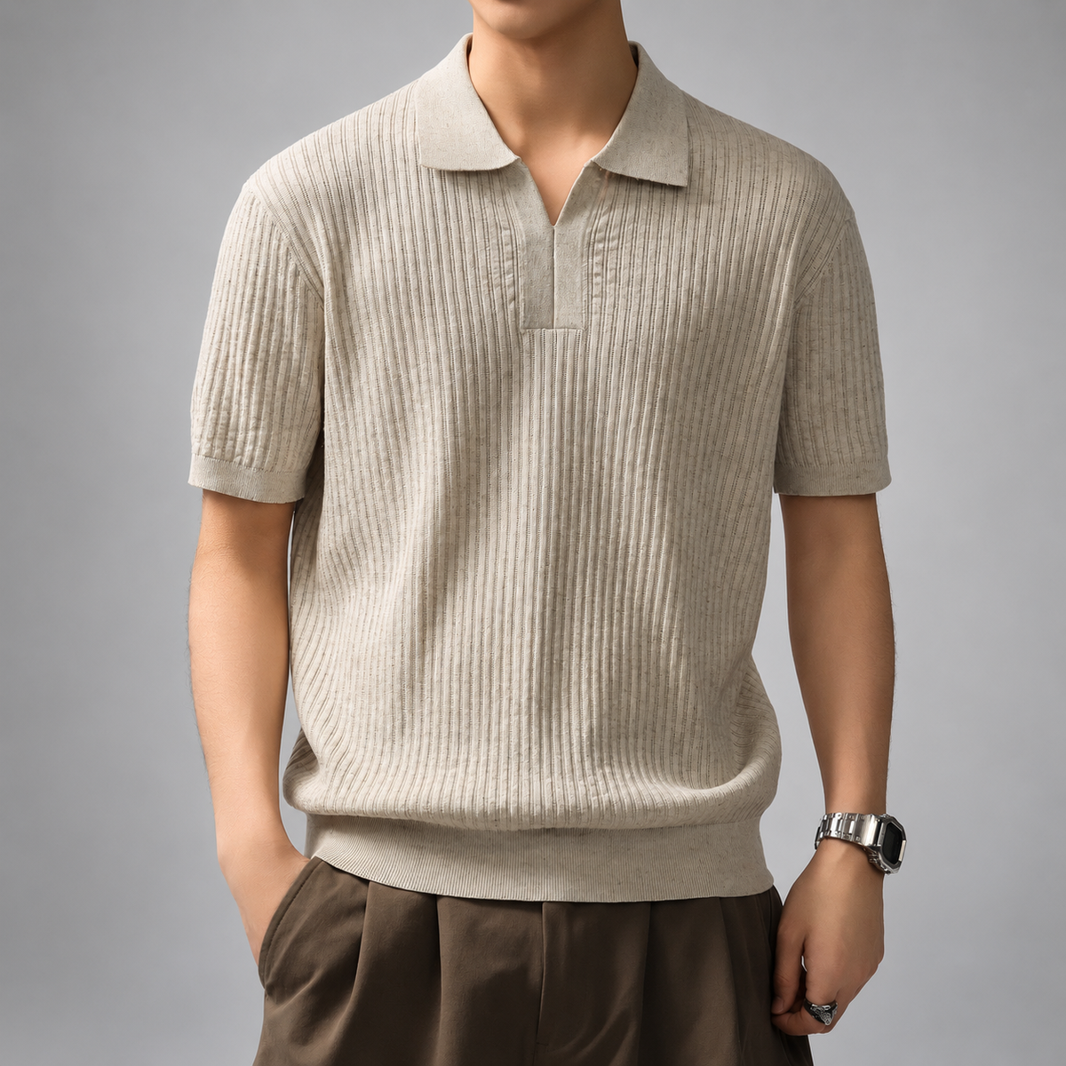 Paxton Men’s Open-Collar Textured Knit Polo Shirt
