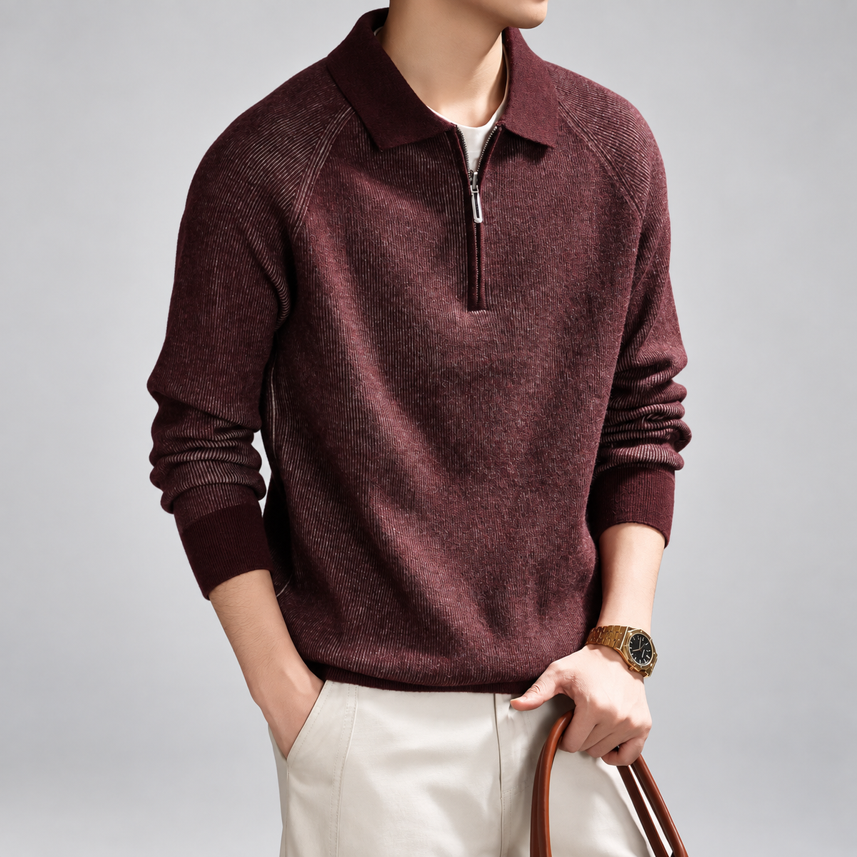 Bertram Men's Ribbed Knit Quarter-Zip Polo Sweater