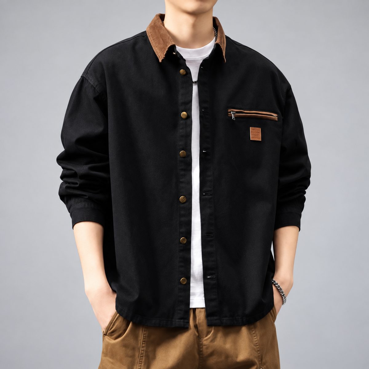 Richard Men's Contrast Collar Overshirt with Zipper Chest Pocket