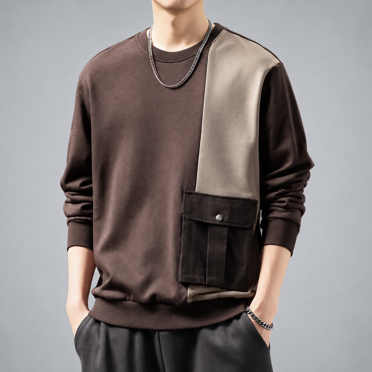Azure Men's Color Block Crewneck Sweatshirt with Cargo Pocket