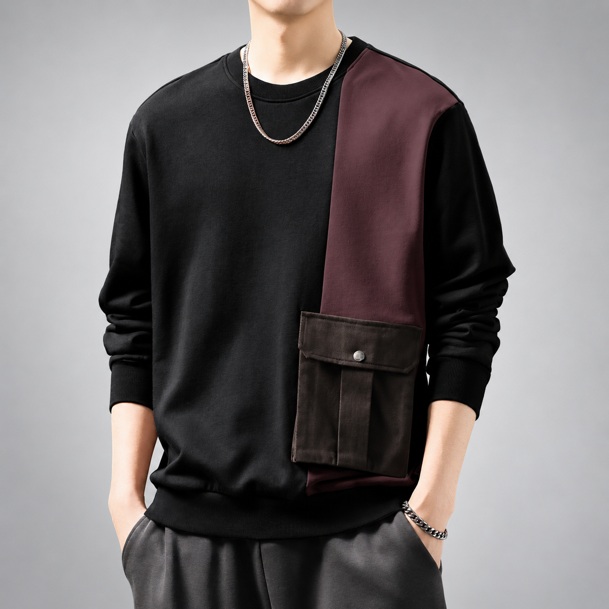 Azure Men's Color Block Crewneck Sweatshirt with Cargo Pocket