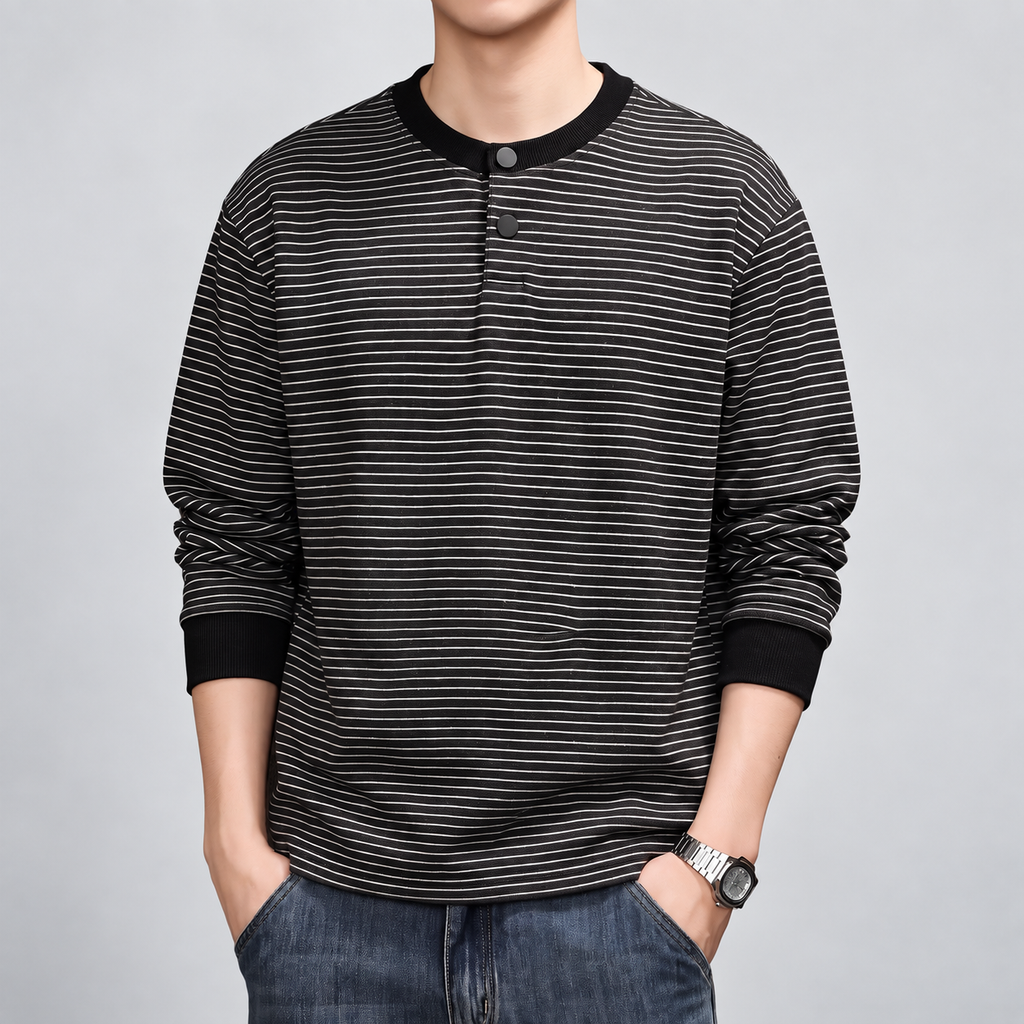 Corentin Men's Striped Long Sleeve Henley Shirt with Ribbed Cuffs