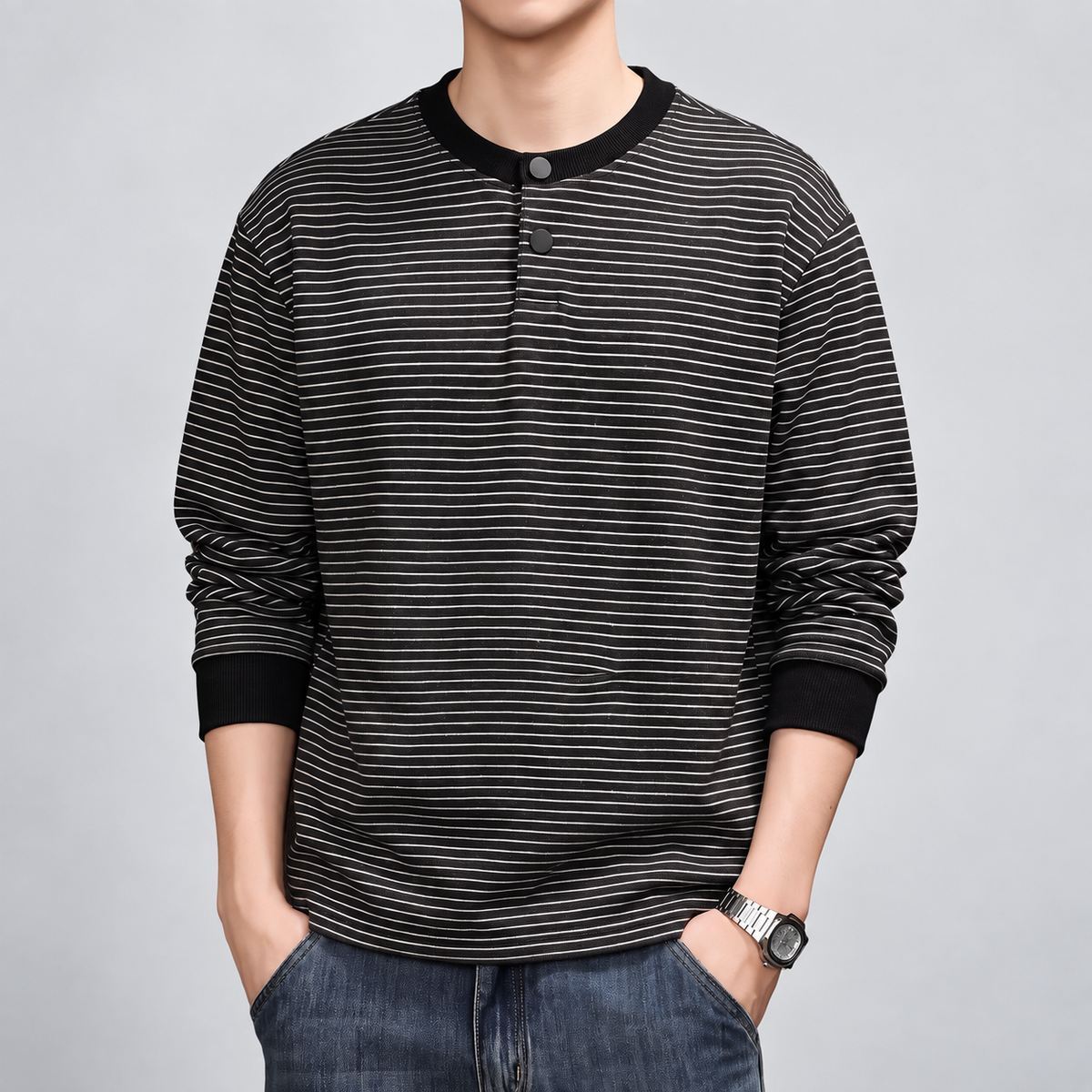 Corentin Men's Striped Long Sleeve Henley Shirt with Ribbed Cuffs