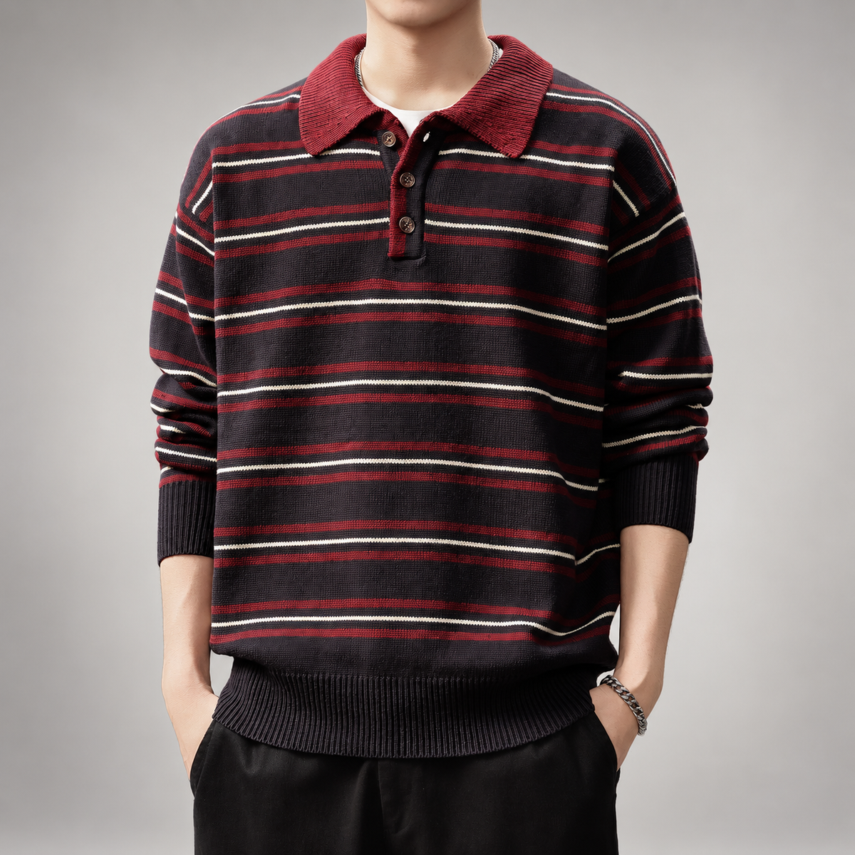 Gaspard Men's Striped Knit Polo Sweater with Long Sleeves