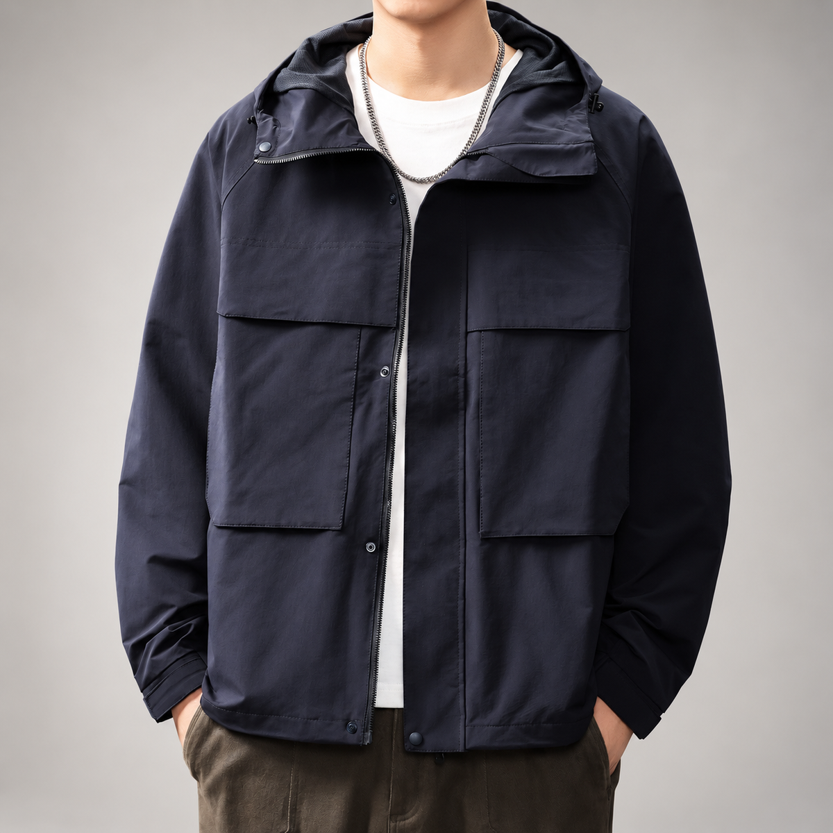 Alonzo Men’s Hooded Utility Jacket with Large Flap Pockets