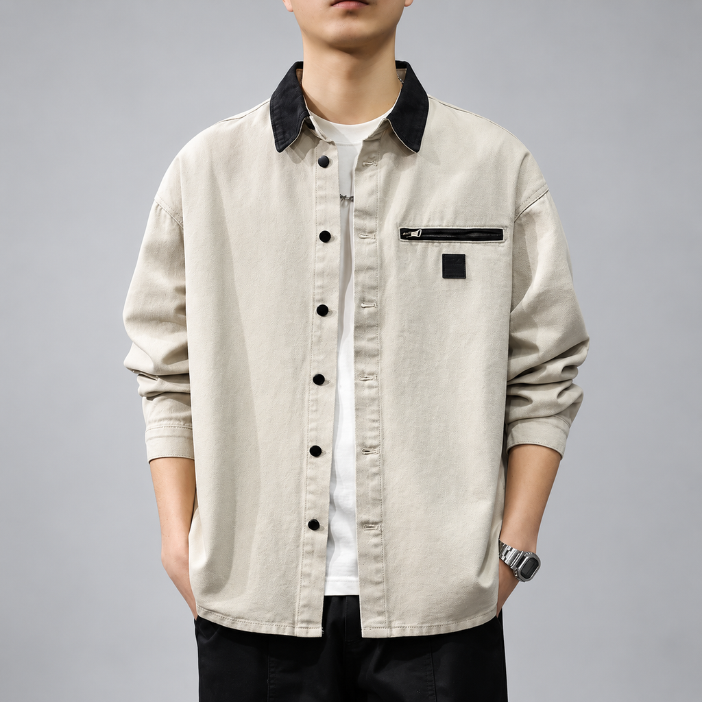 Richard Men's Contrast Collar Overshirt with Zipper Chest Pocket