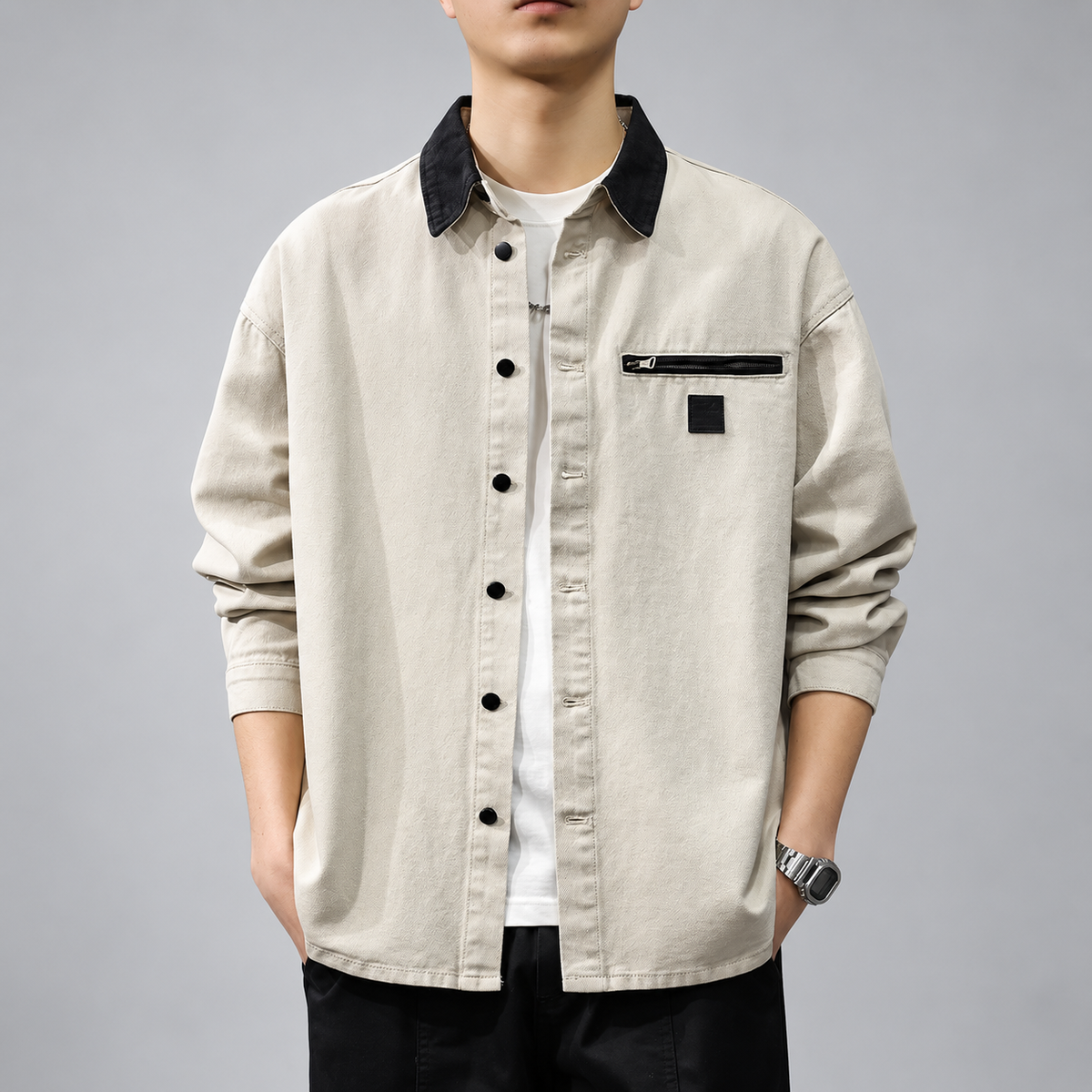 Richard Men's Contrast Collar Overshirt with Zipper Chest Pocket