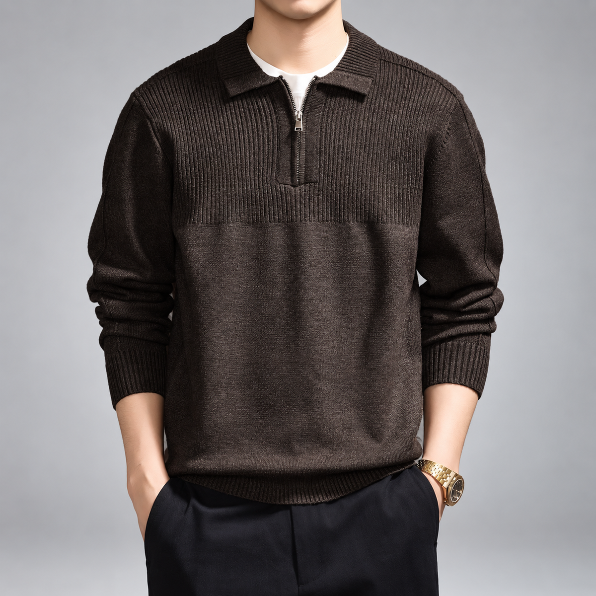 Reed Men's Collared Knit Pullover Sweater with Quarter Zip