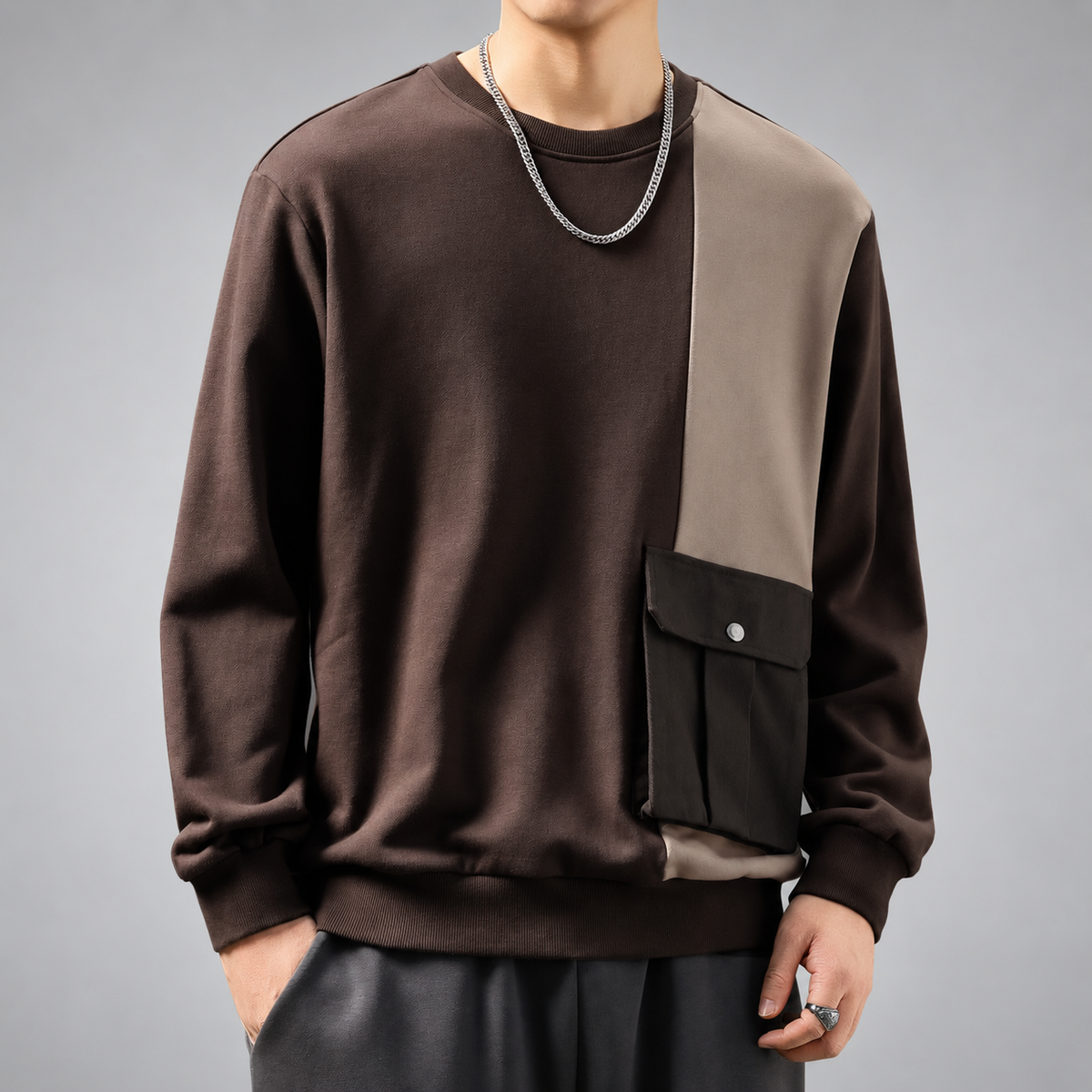 Azure Men's Color Block Crewneck Sweatshirt with Cargo Pocket