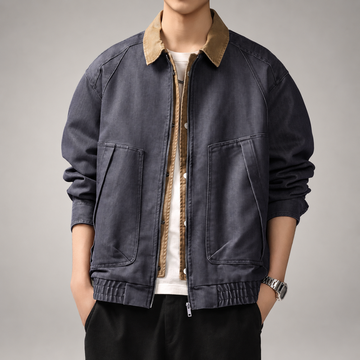 Ludovic Men's Washed Bomber Jacket with Contrast Collar
