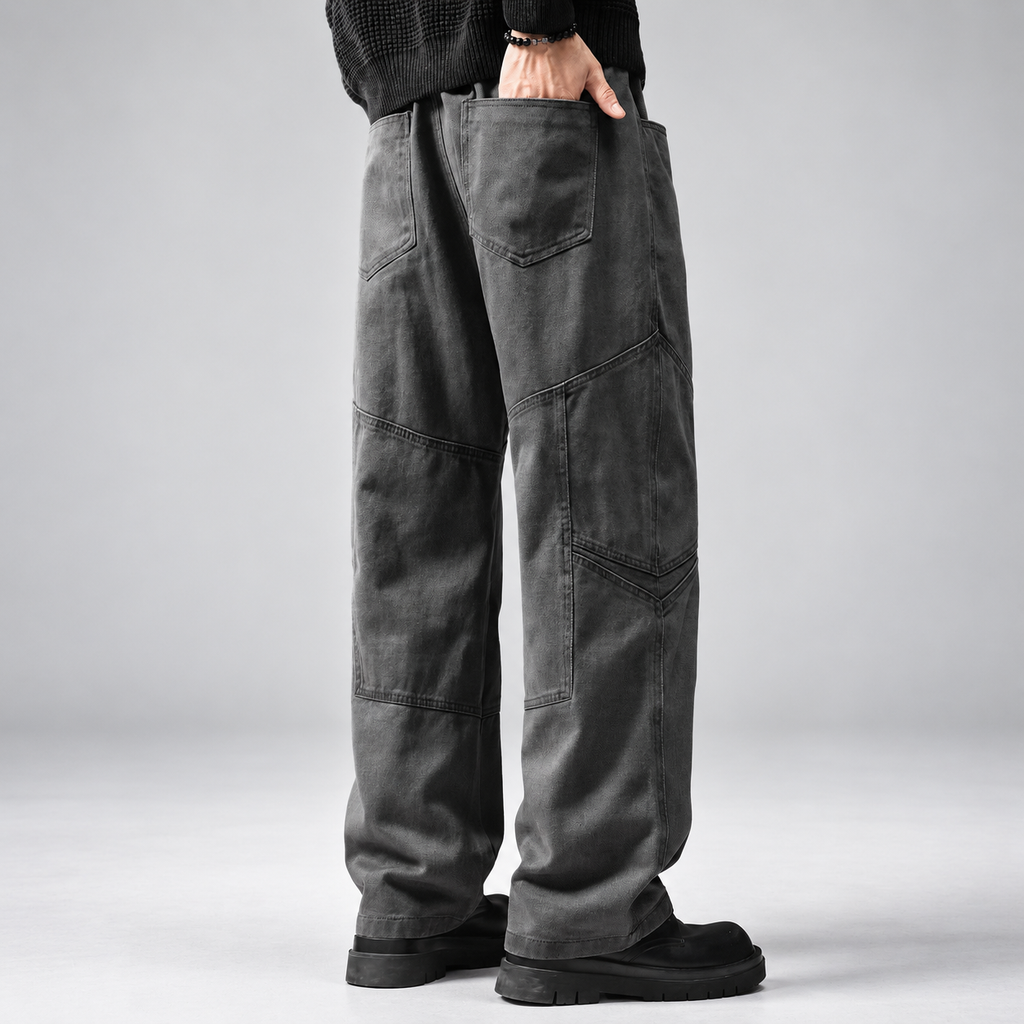 Lothair Men’s Washed Wide-Leg Pants with Panel Stitching