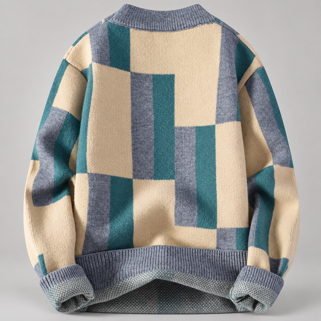 Quentin Men’s Geometric Color-Block Crewneck Knit Sweater