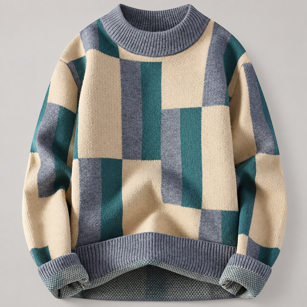 Quentin Men’s Geometric Color-Block Crewneck Knit Sweater