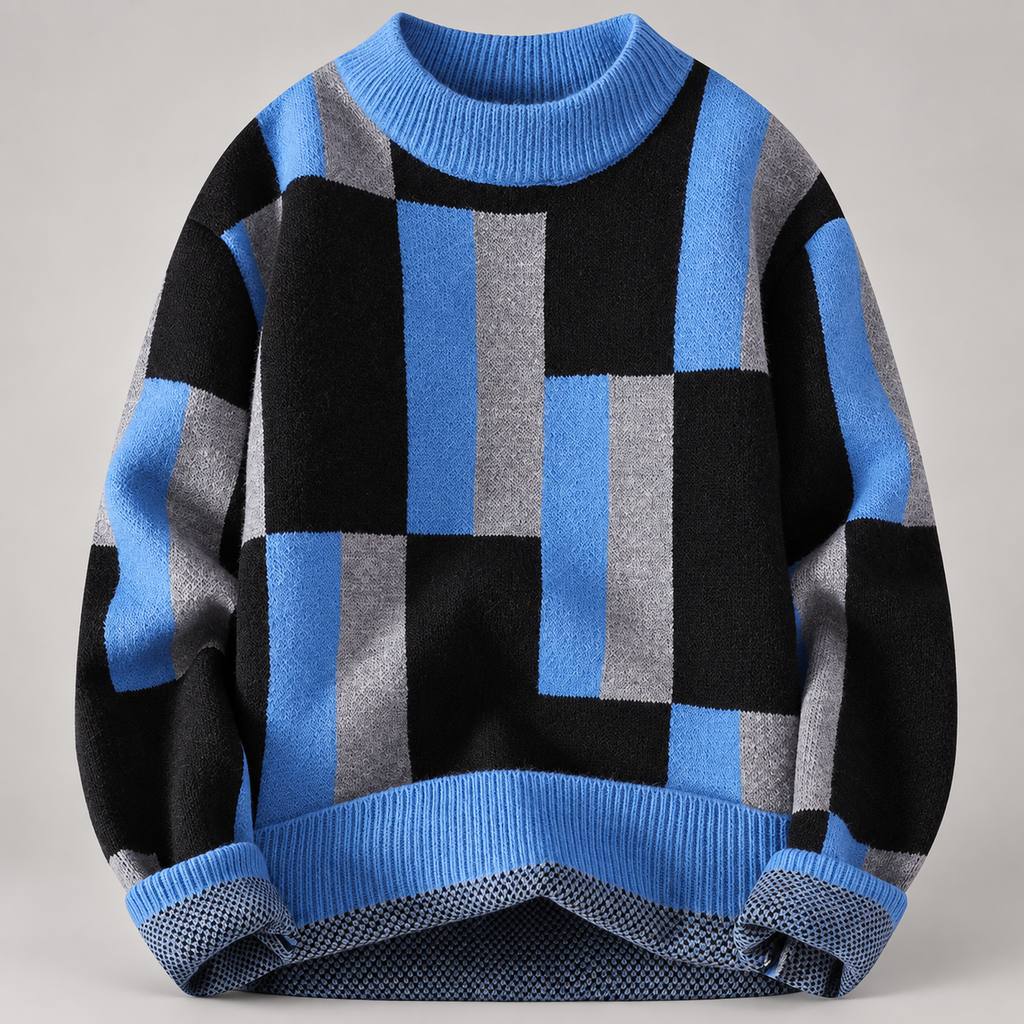 Quentin Men’s Geometric Color-Block Crewneck Knit Sweater